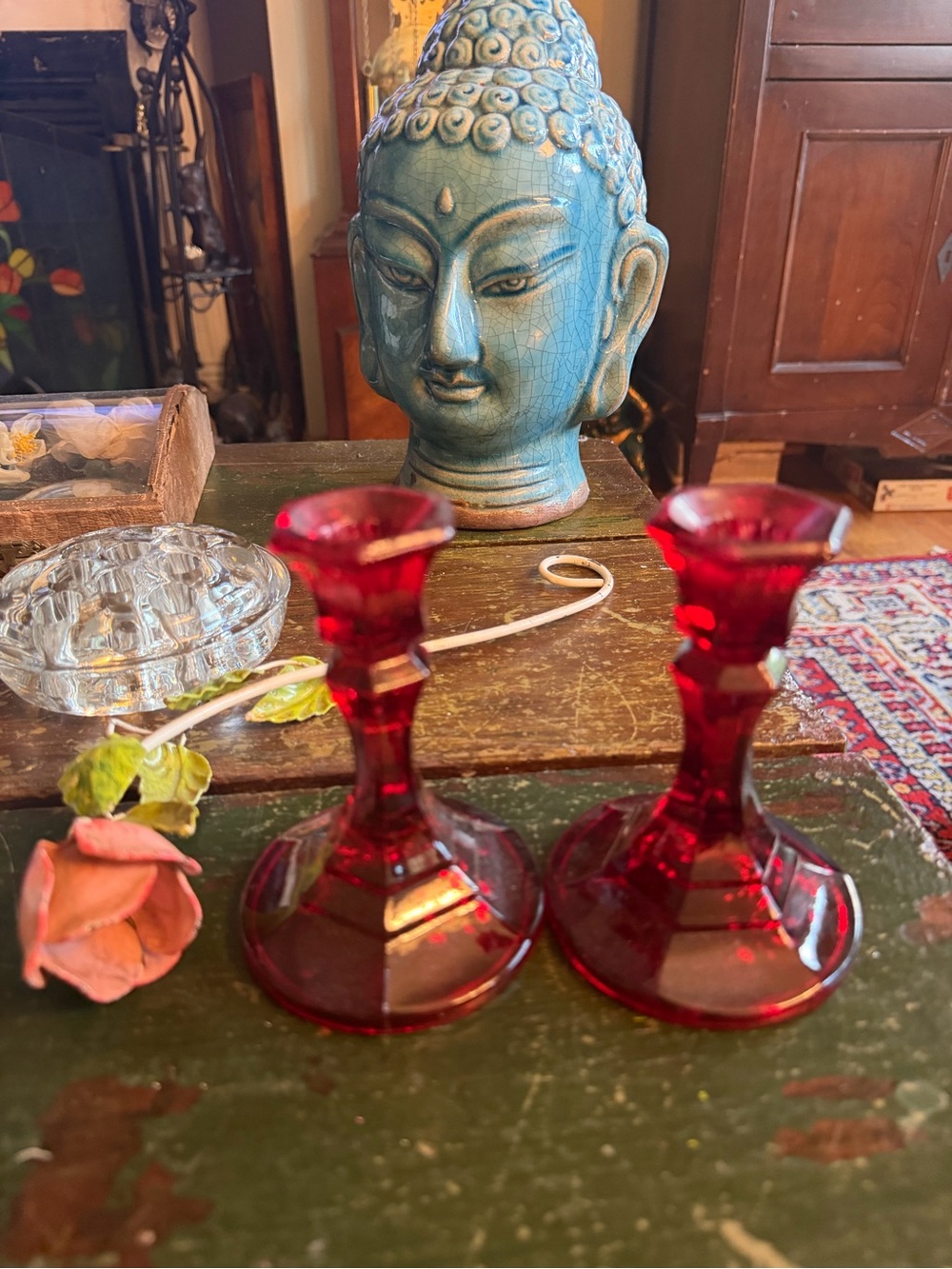 2 Fostoria Coin Ruby Tall Candlesticks